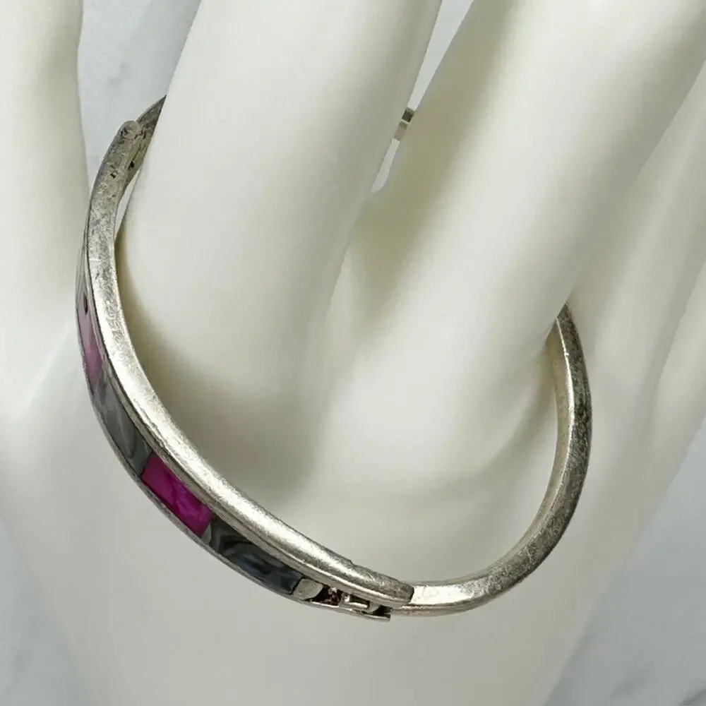 Vintage Abalone Pink Inlay Silver Tone Child Hinged Bangle Bracelet ✨